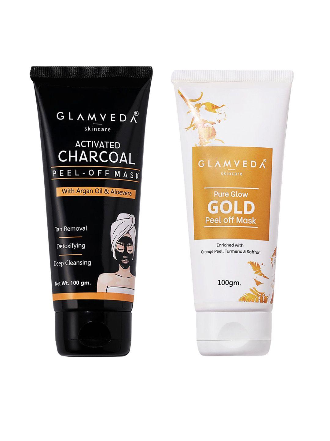 glamveda set of 2 activated charcoal & pure glow gold peel off mask 100gm each