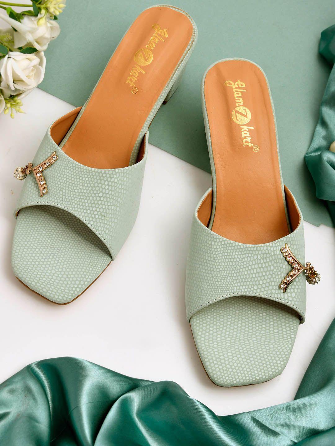 glamzkart embellished open toe textured block heels