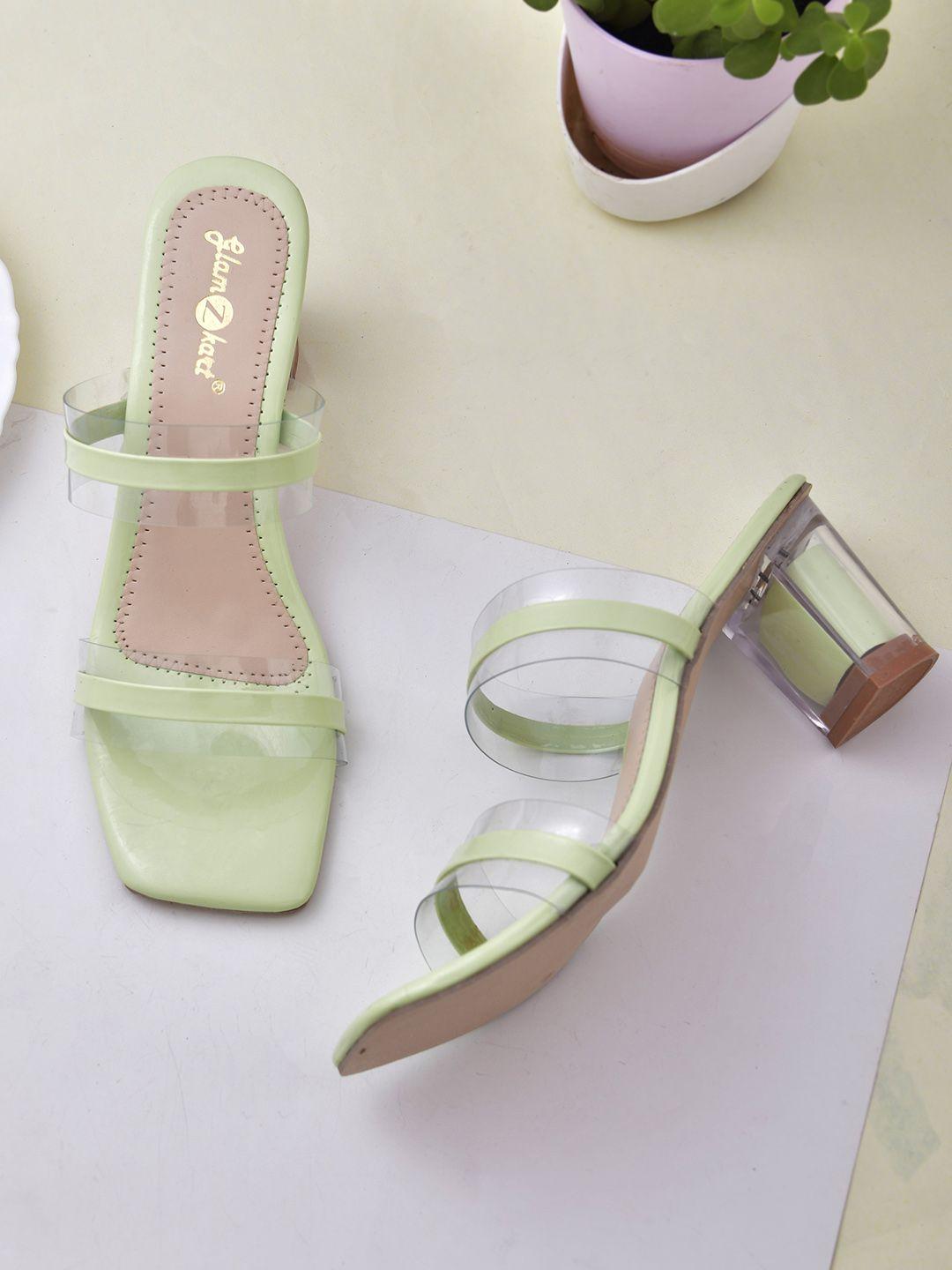 glamzkart lime green embellished block mules