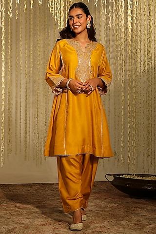 glaze mustard pure silk embroidered kurta set for girls