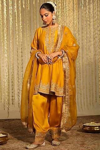 glaze mustard silk chanderi embroidered kalidar kurta set for girls