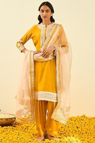 glaze mustard embroidered kurta set for girls