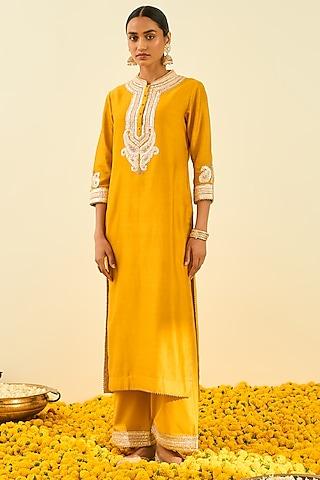 glaze mustard embroidered kurta set for girls