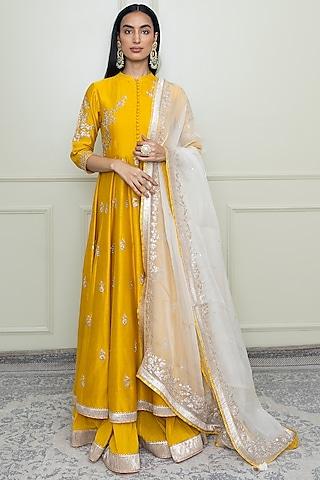 glaze mustard pearl embroidered anarkali set