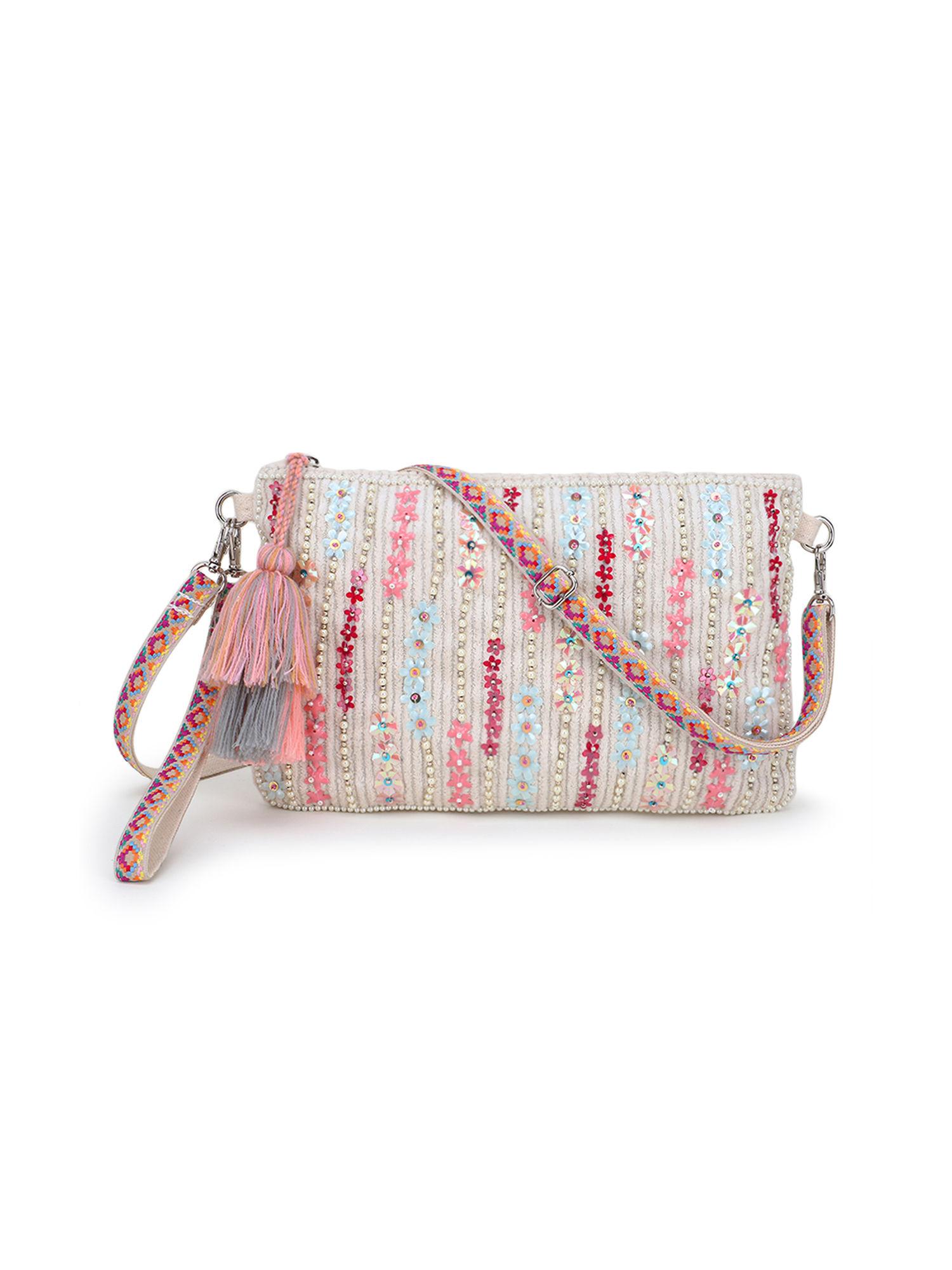 glid off white striped sequined cotton handloom & leatherette sling bag