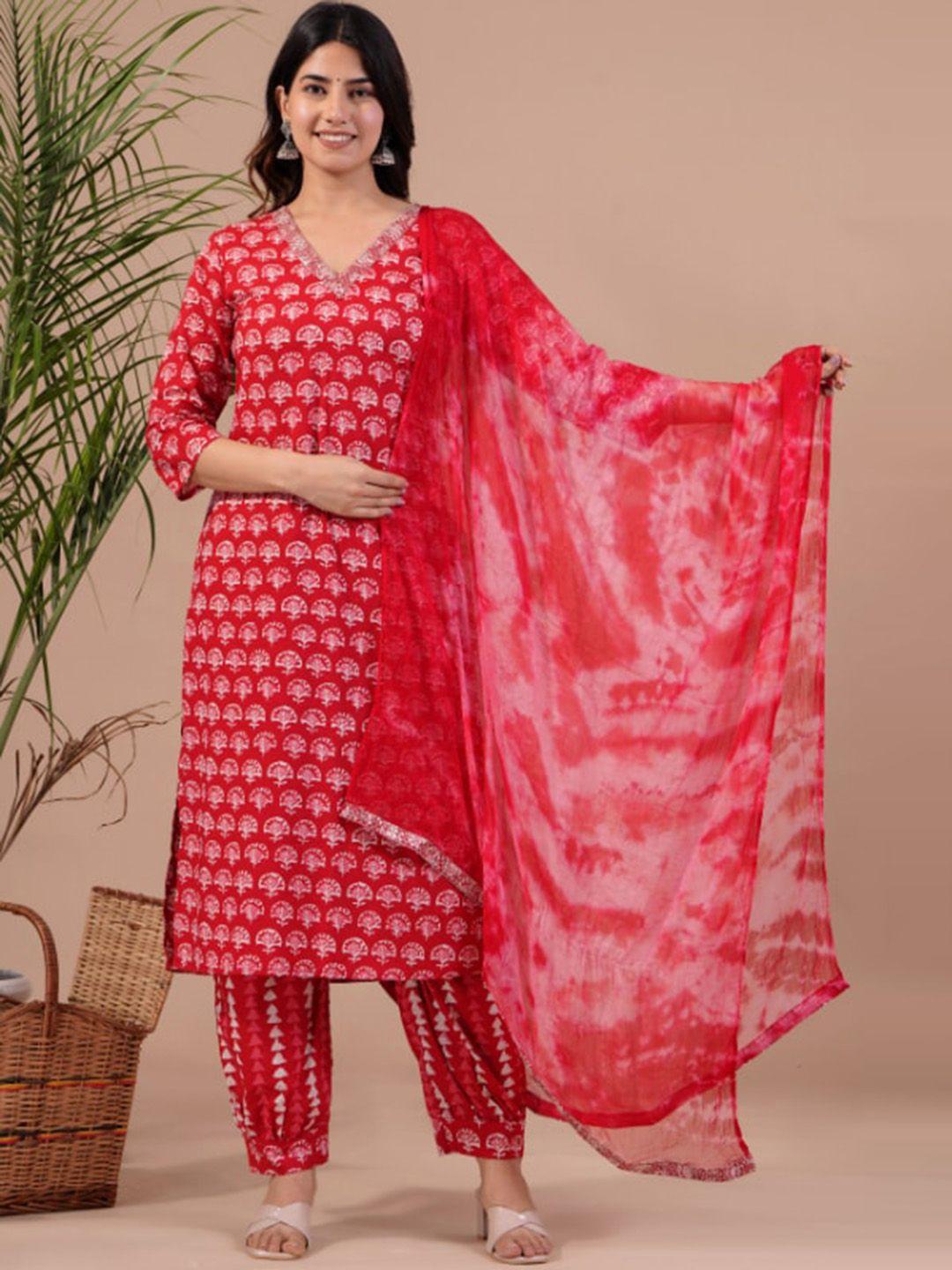 glider girl women red floral printed regular thread work pure cotton kurta with patiala & with dupatta