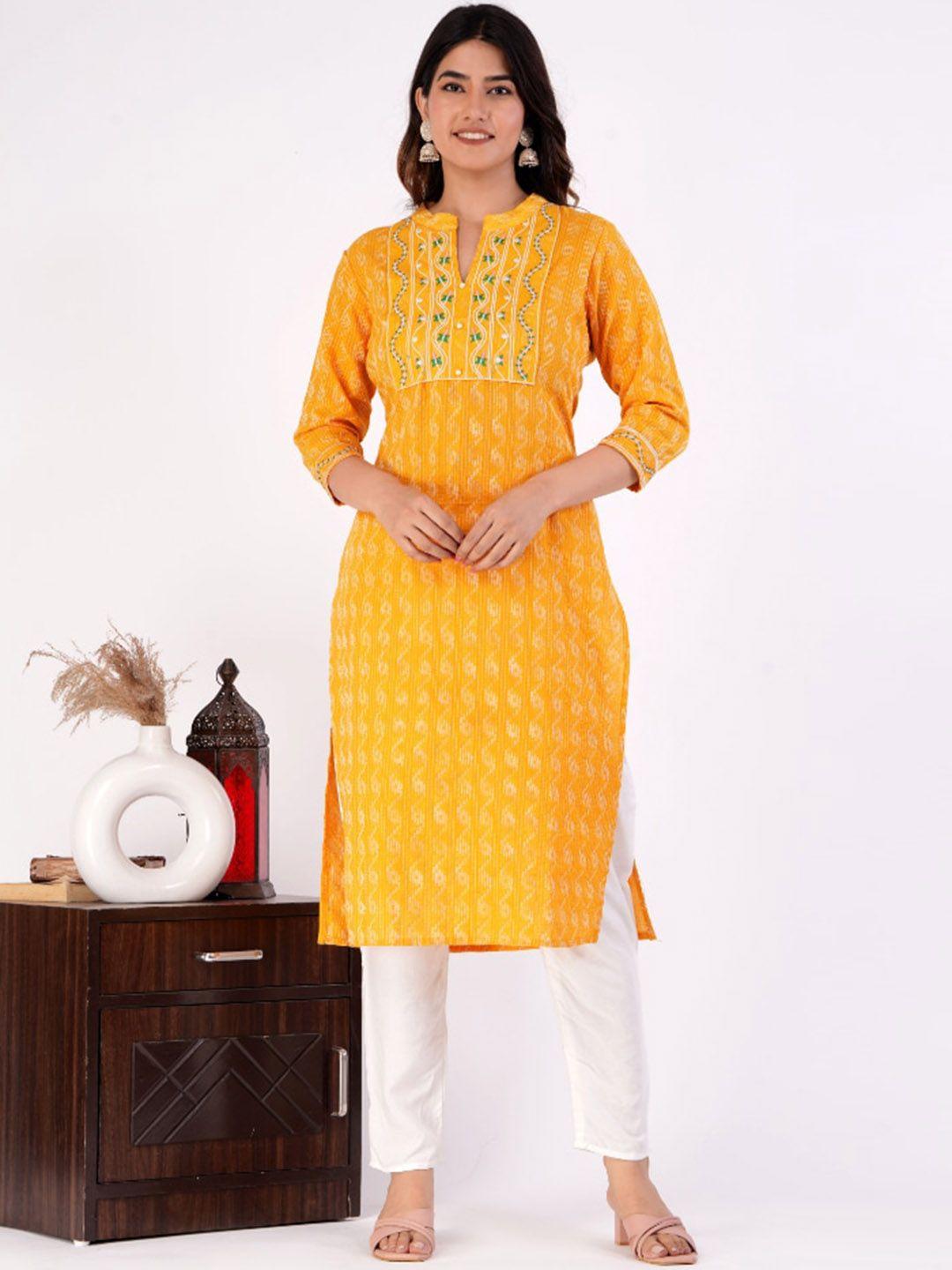 glider girl floral printed mandarin collar thread work straight kurta with trousers