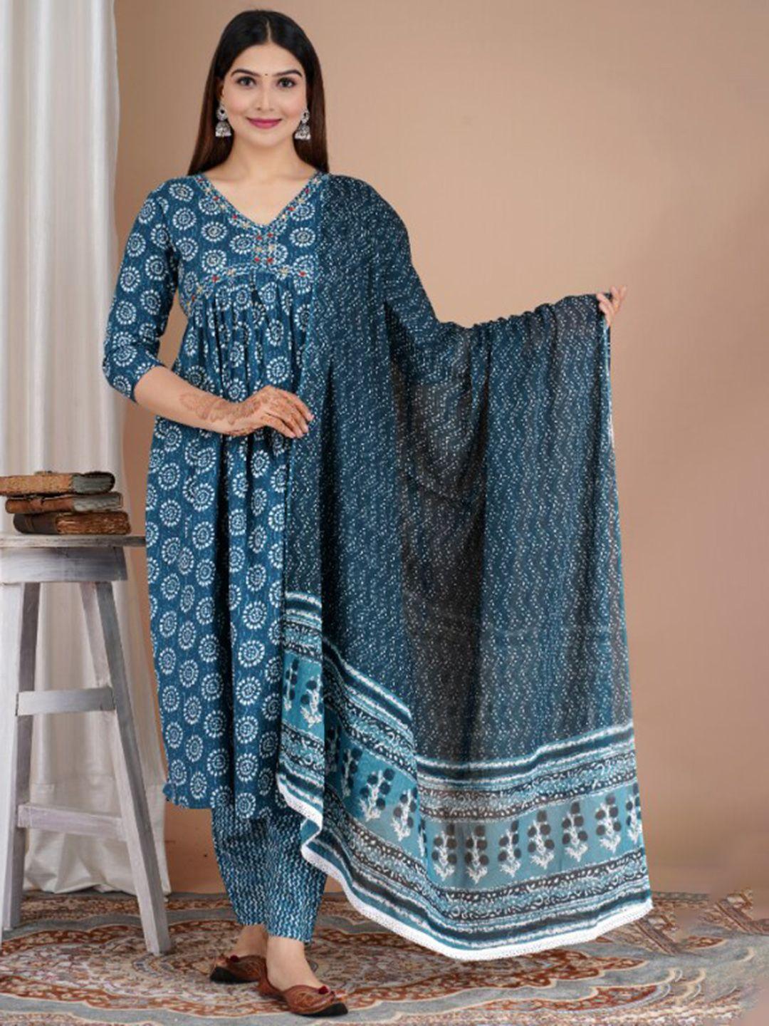 glider girl floral printed thread work pure cotton a line kurta with trousers & dupatta