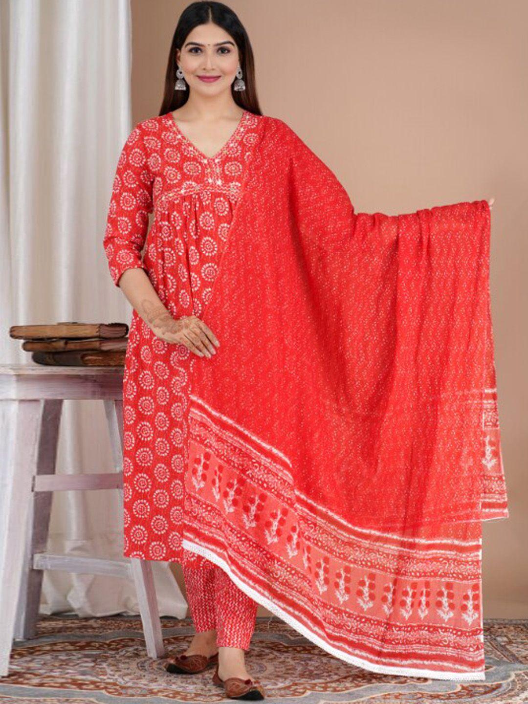 glider girl floral printed thread work pure cotton kurta & trousers with dupatta