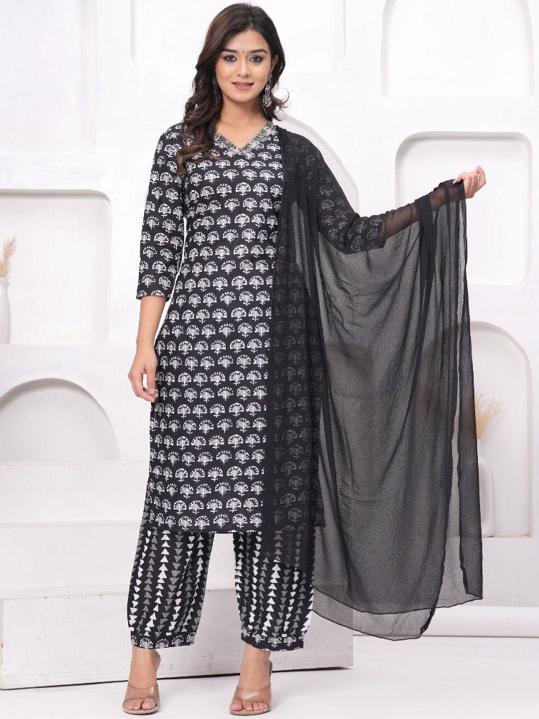 glider girl women black floral printed regular thread work pure cotton kurta with patiala & with dupatta