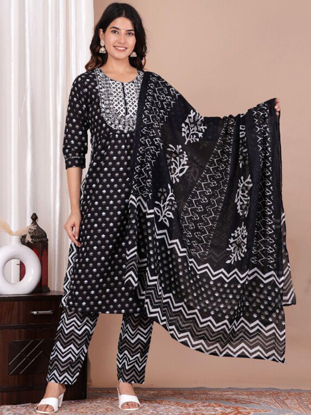 glider girl women black floral printed regular thread work pure cotton kurta with trousers & with dupatta