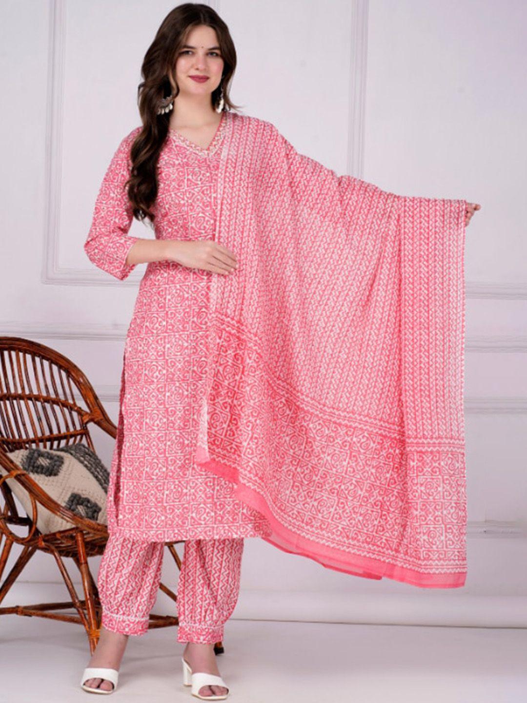 glider girl women pink floral printed regular thread work pure cotton kurta with trousers & with dupatta