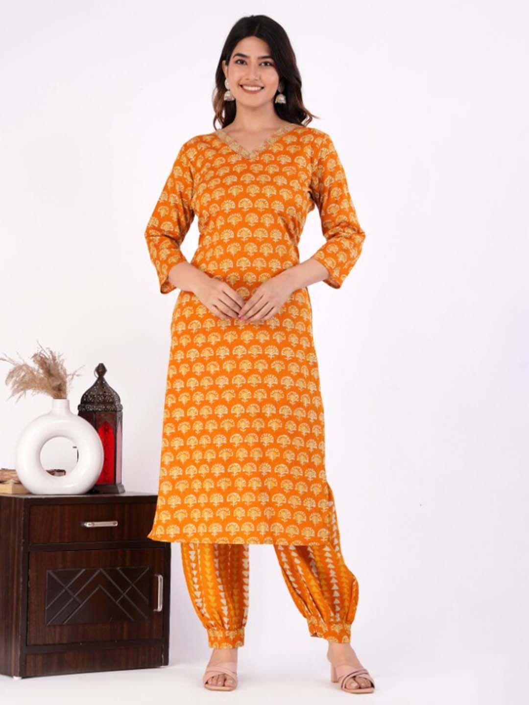 glider girl women yellow floral printed regular thread work pure cotton kurta with patiala & with dupatta