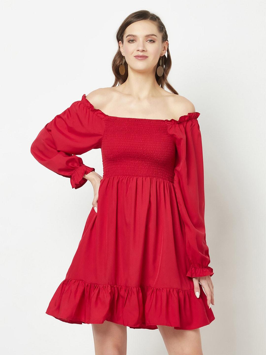 glito maroon off-shoulder puff sleeve crepe fit & flare dress