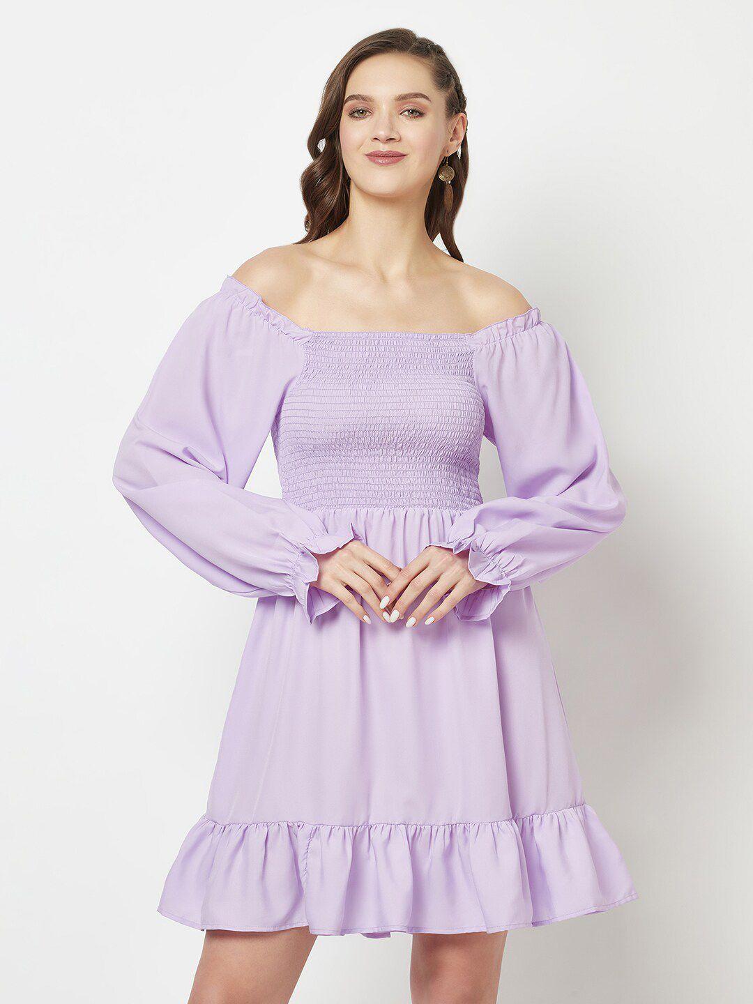 glito purple off-shoulder puff sleeve crepe fit & flare dress
