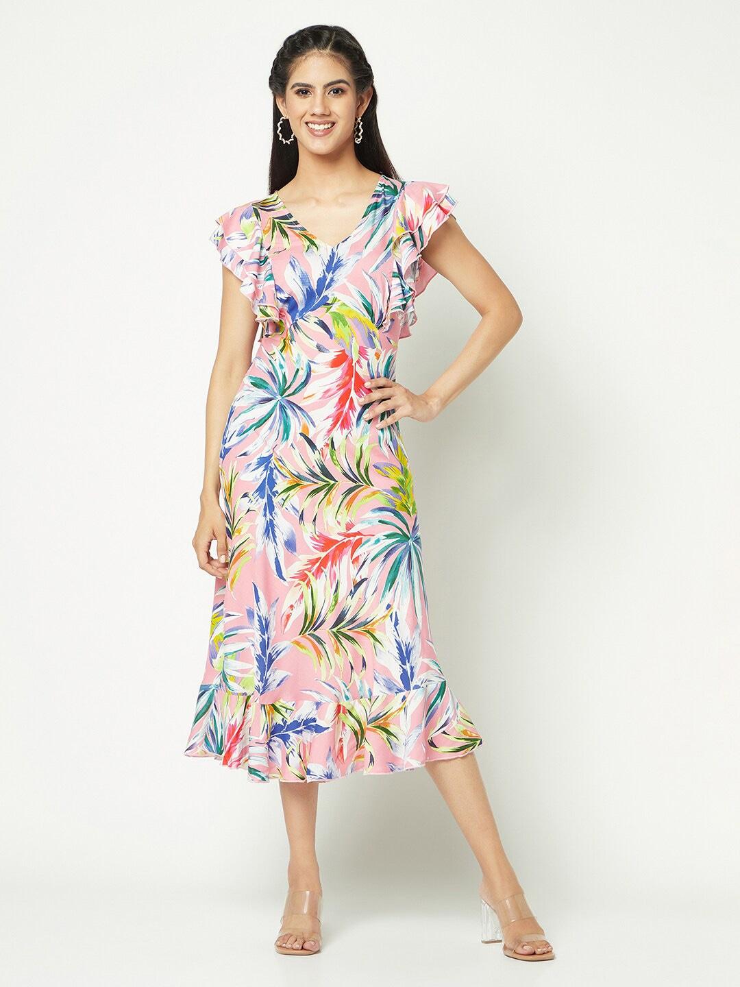 glito tropical printed v-neck flutter sleeves a-line dress