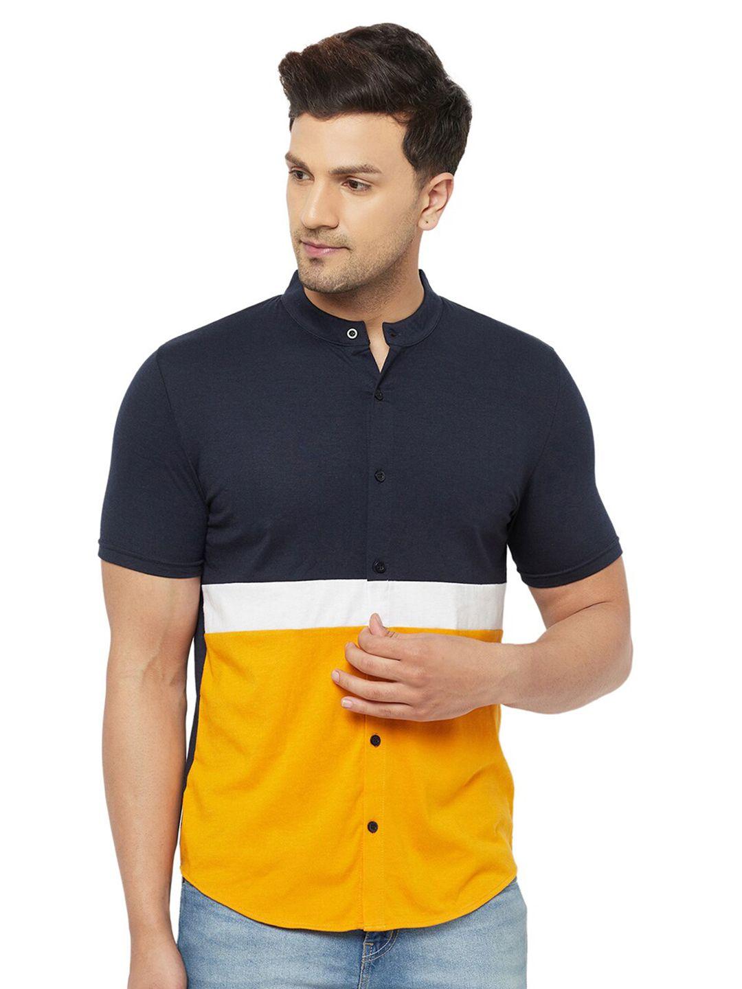 glito comfort colourblocked band collar cotton shirt