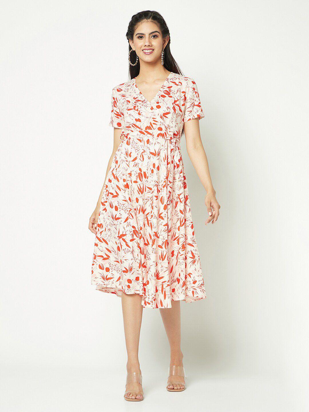 glito orange floral print fit & flare midi dress