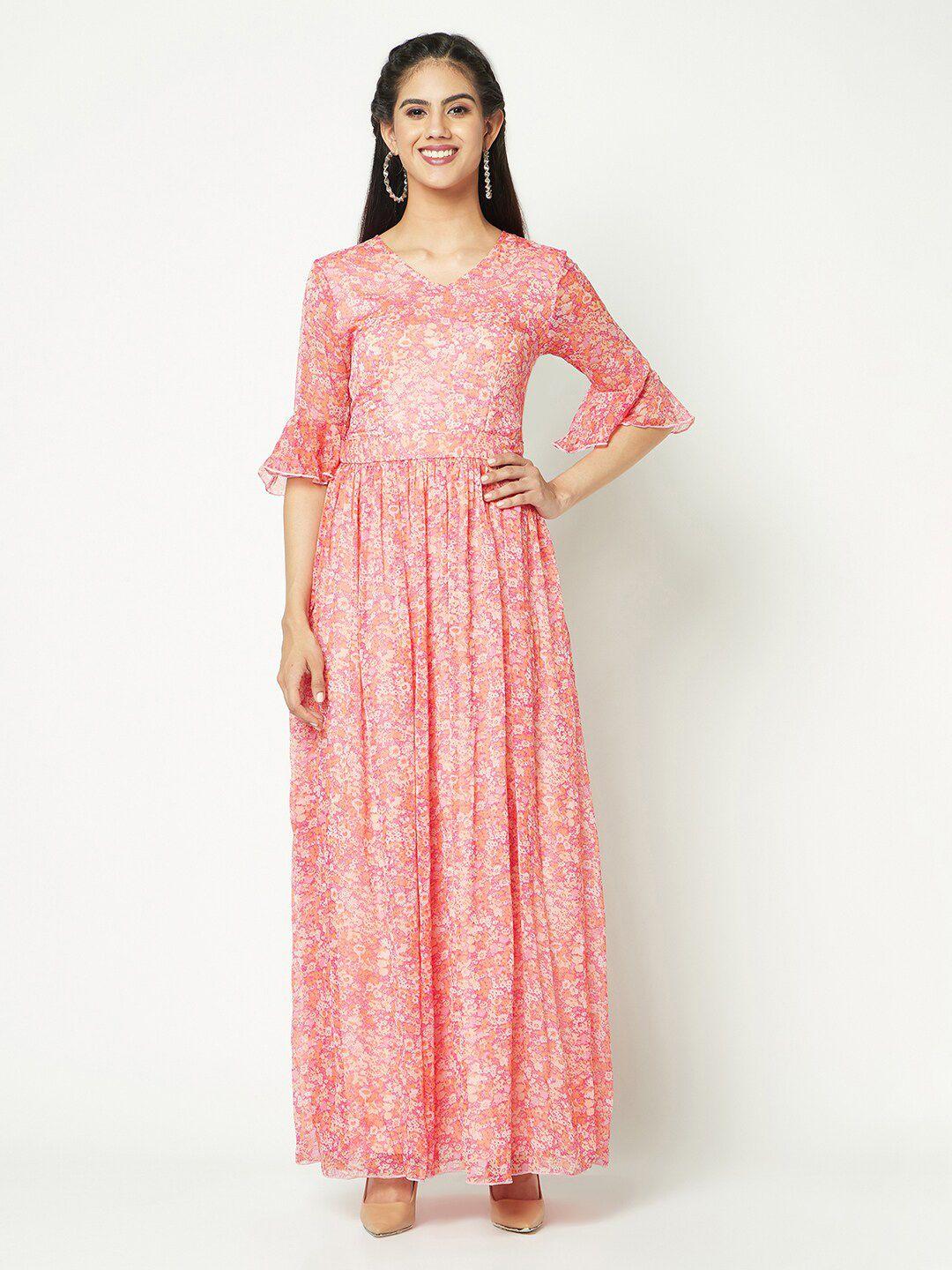 glito pink floral print bell sleeve pu coated chiffon maxi dress