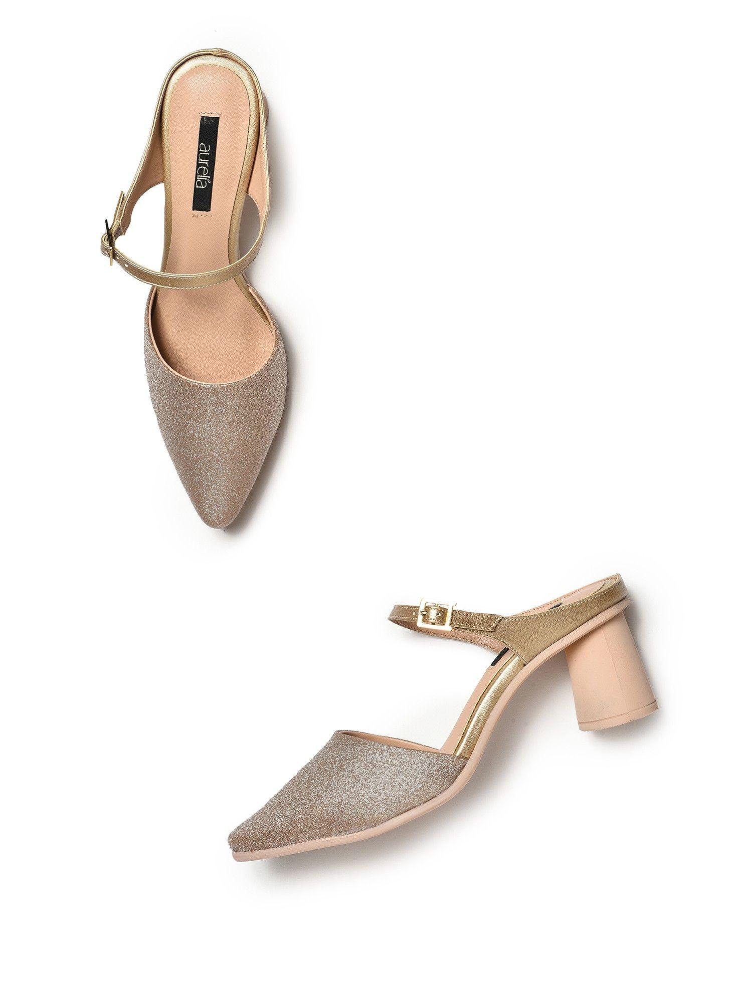 glitter gold glitter pointed block heel