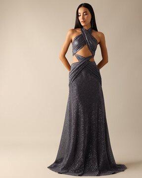 glitter halter-neck gown dress