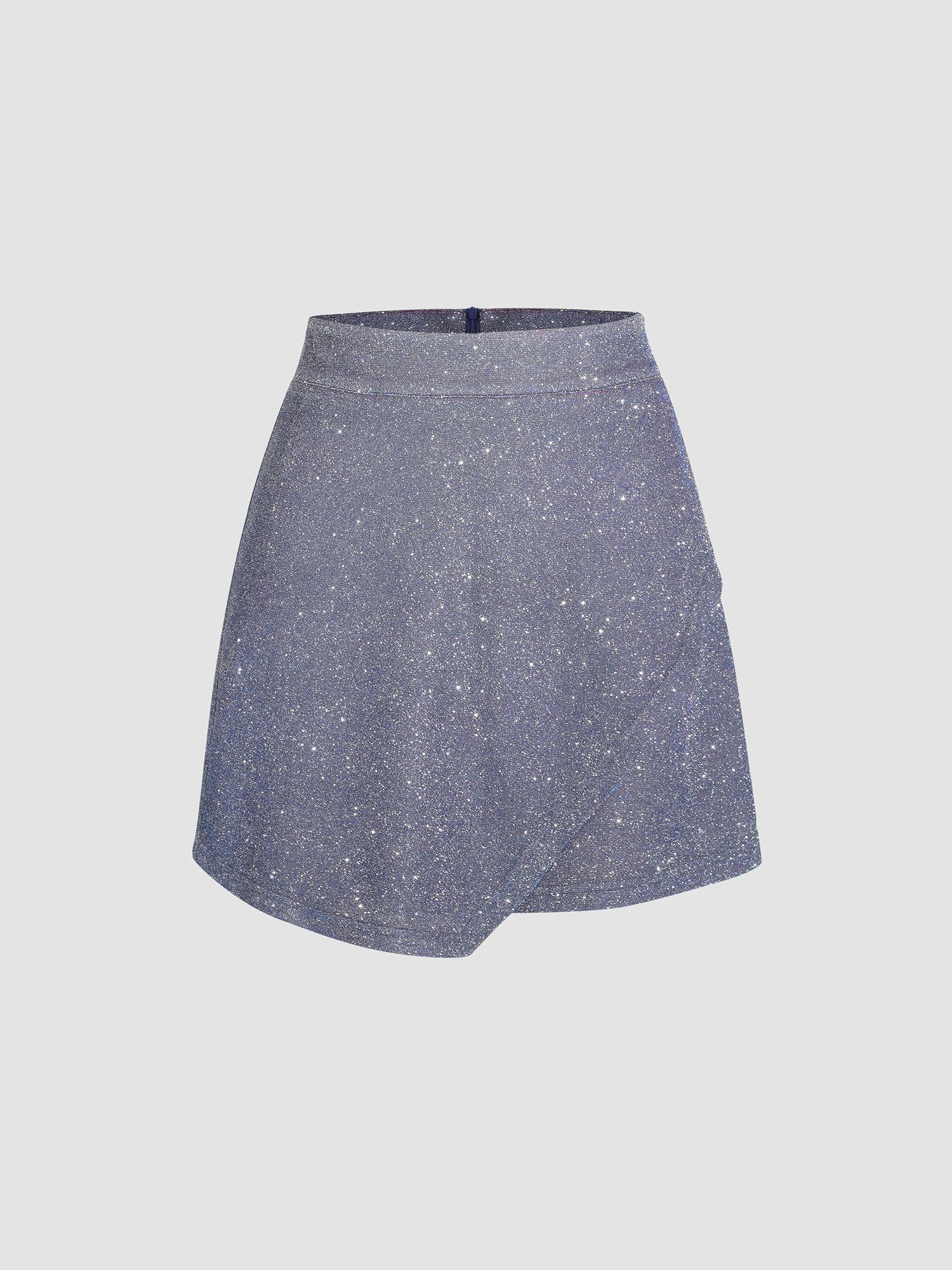 glitter high waist asymmetrical hem short skirt
