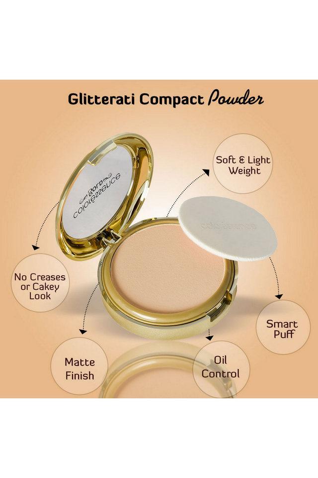 glitterati compact powder gold range oil free matte finish face satin formula, toast