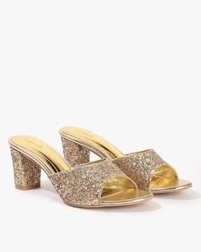 glittery round-toe chunky heeled sandals