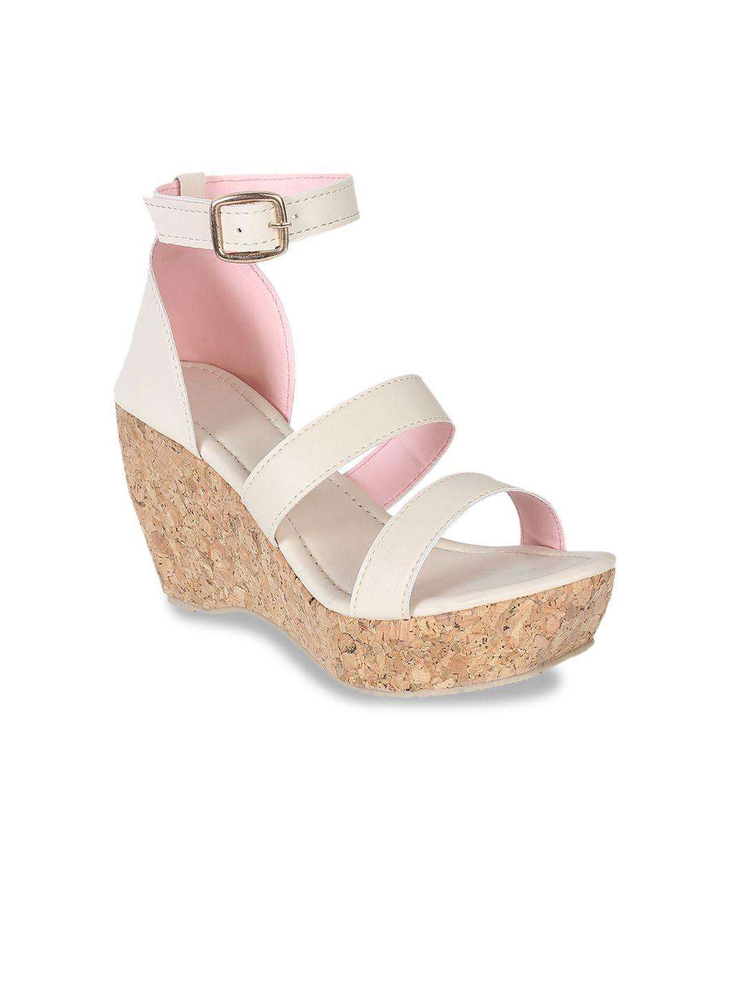 glitzy galz cream-coloured & beige printed party high-top wedge sandals with buckles
