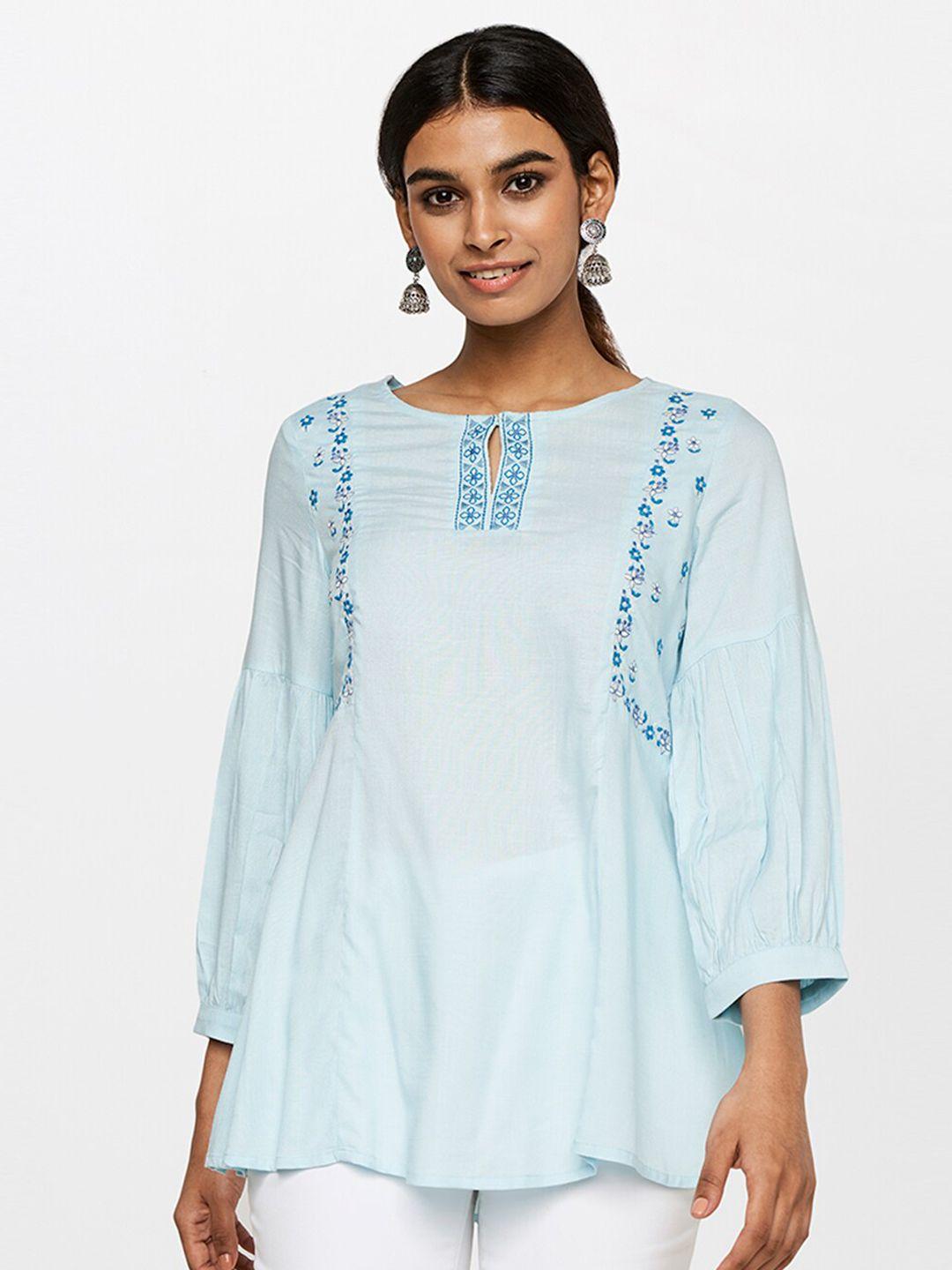 global desi blue floral embroidered a-line top