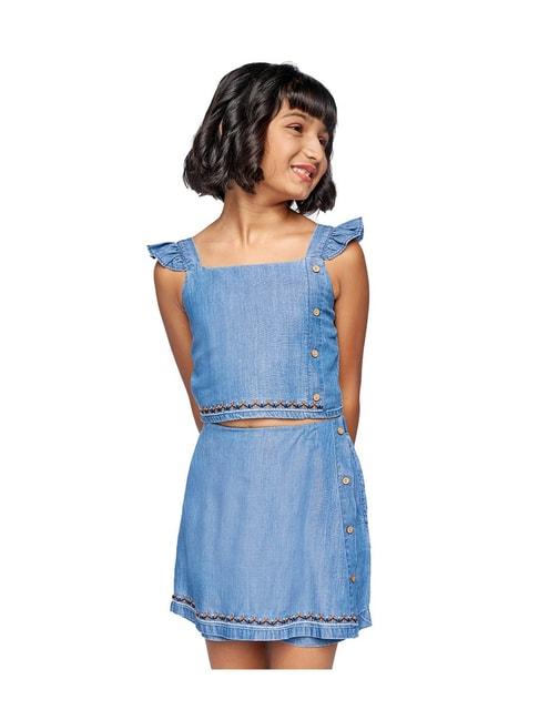 global desi girl blue embroidered top with skirt