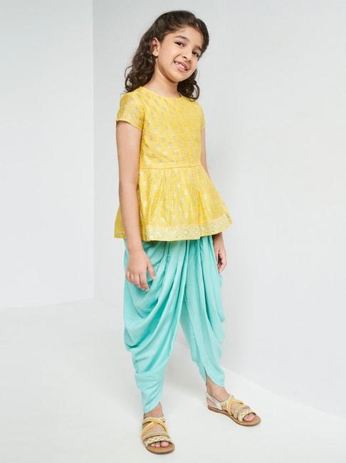 global desi girl kids yellow & sky blue floral print top set