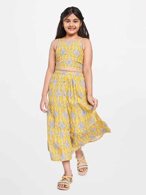 global desi girl mustard printed top & skirt