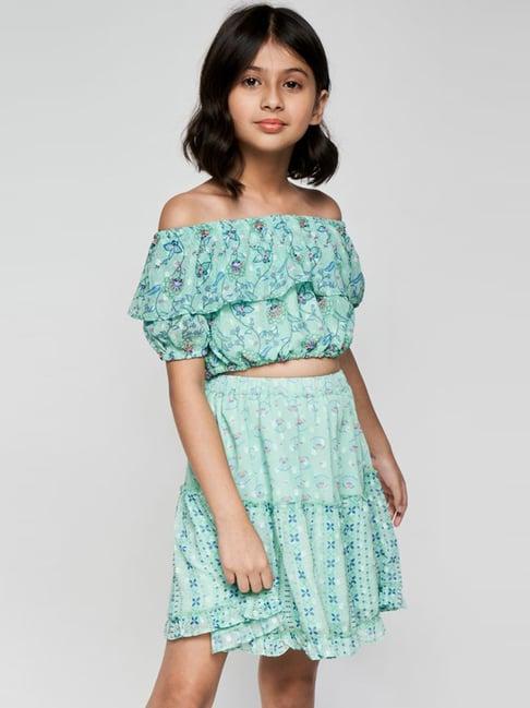 global desi girl sea green floral print top set