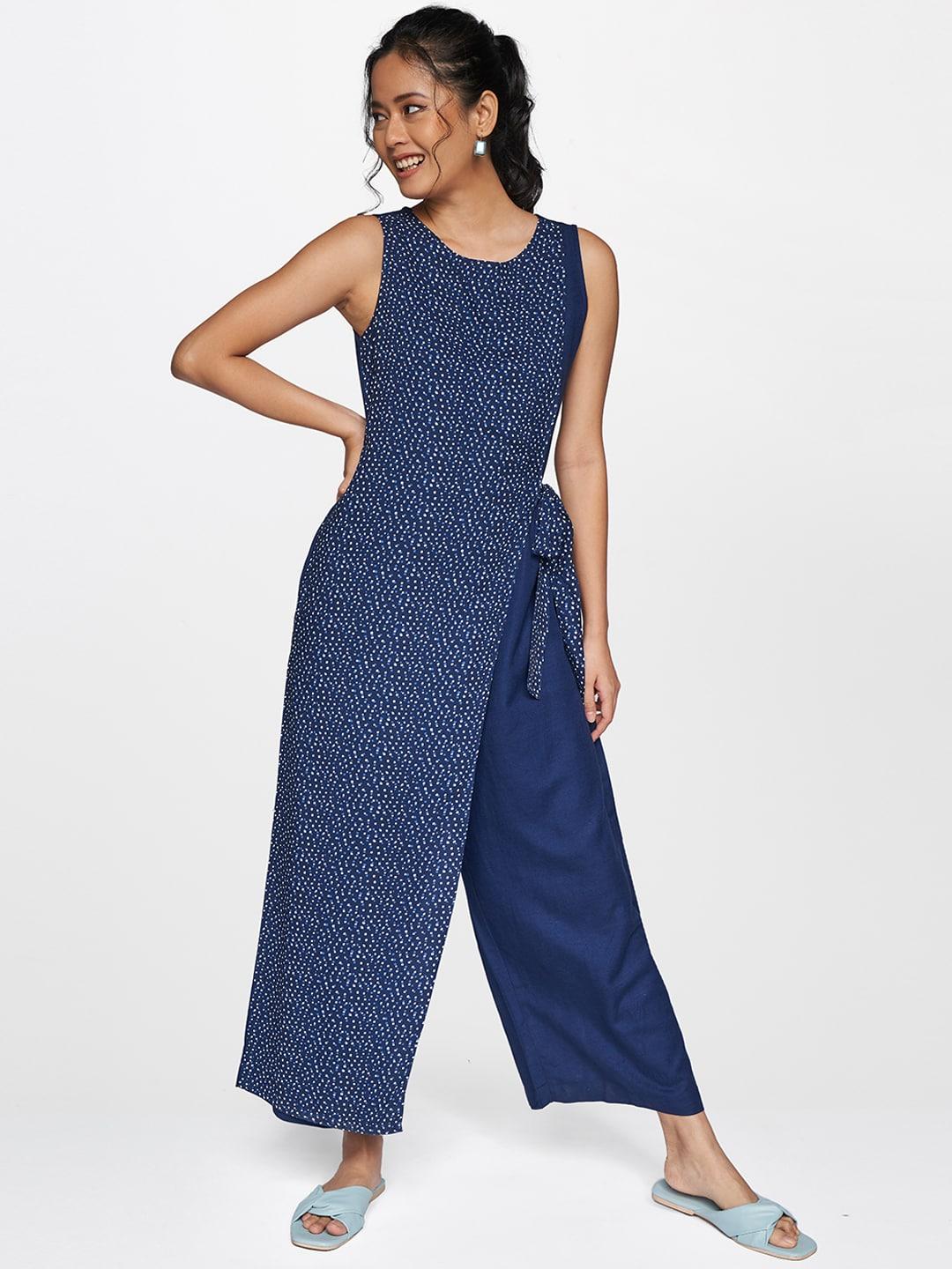 global desi navy blue printed culotte jumpsuit with waist tie-ups and overlap detail