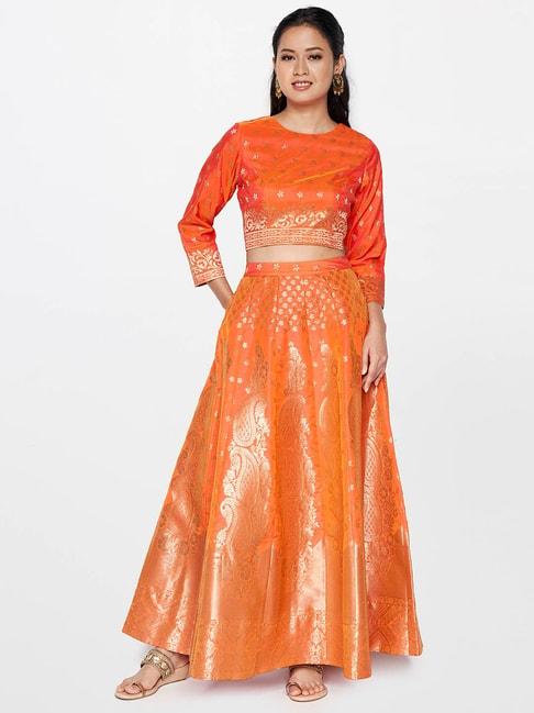 global-desi-orange-printed-crop-top-with-skirt