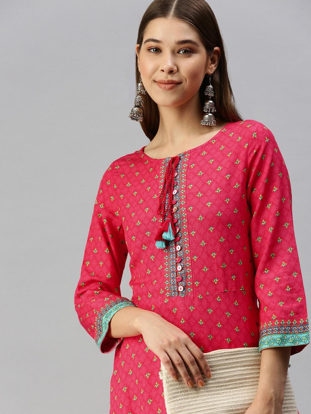 global desi pink & blue ethnic printed tunic with tie-ups detail