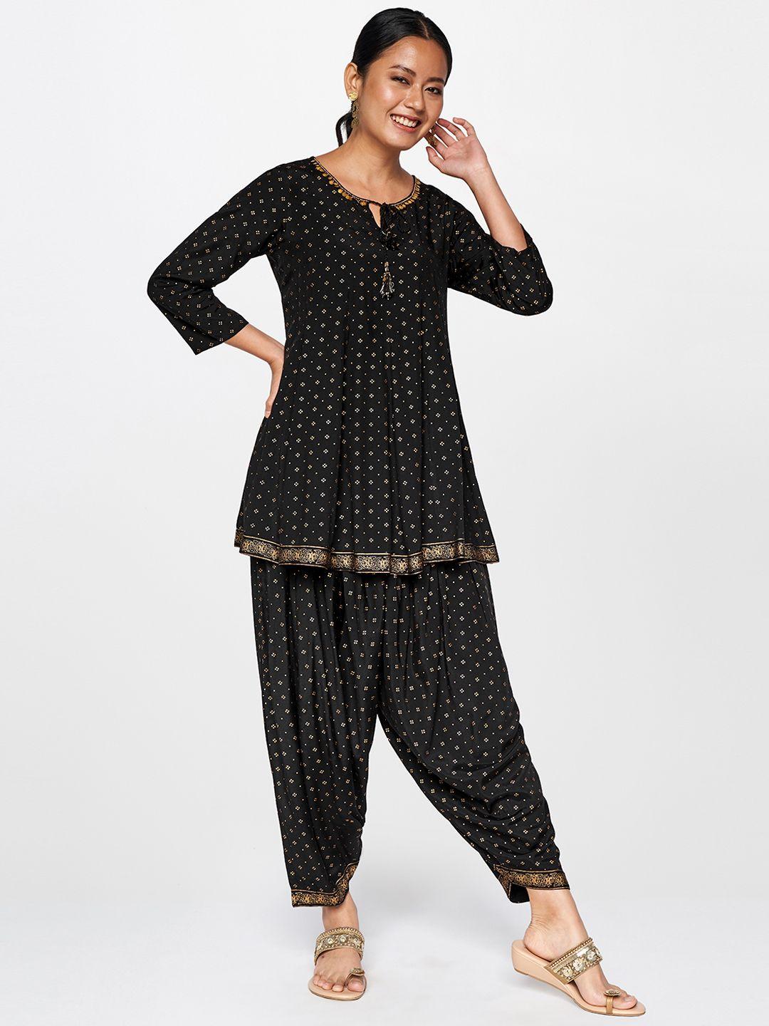 global desi women black & gold printed kurti with dhoti pants