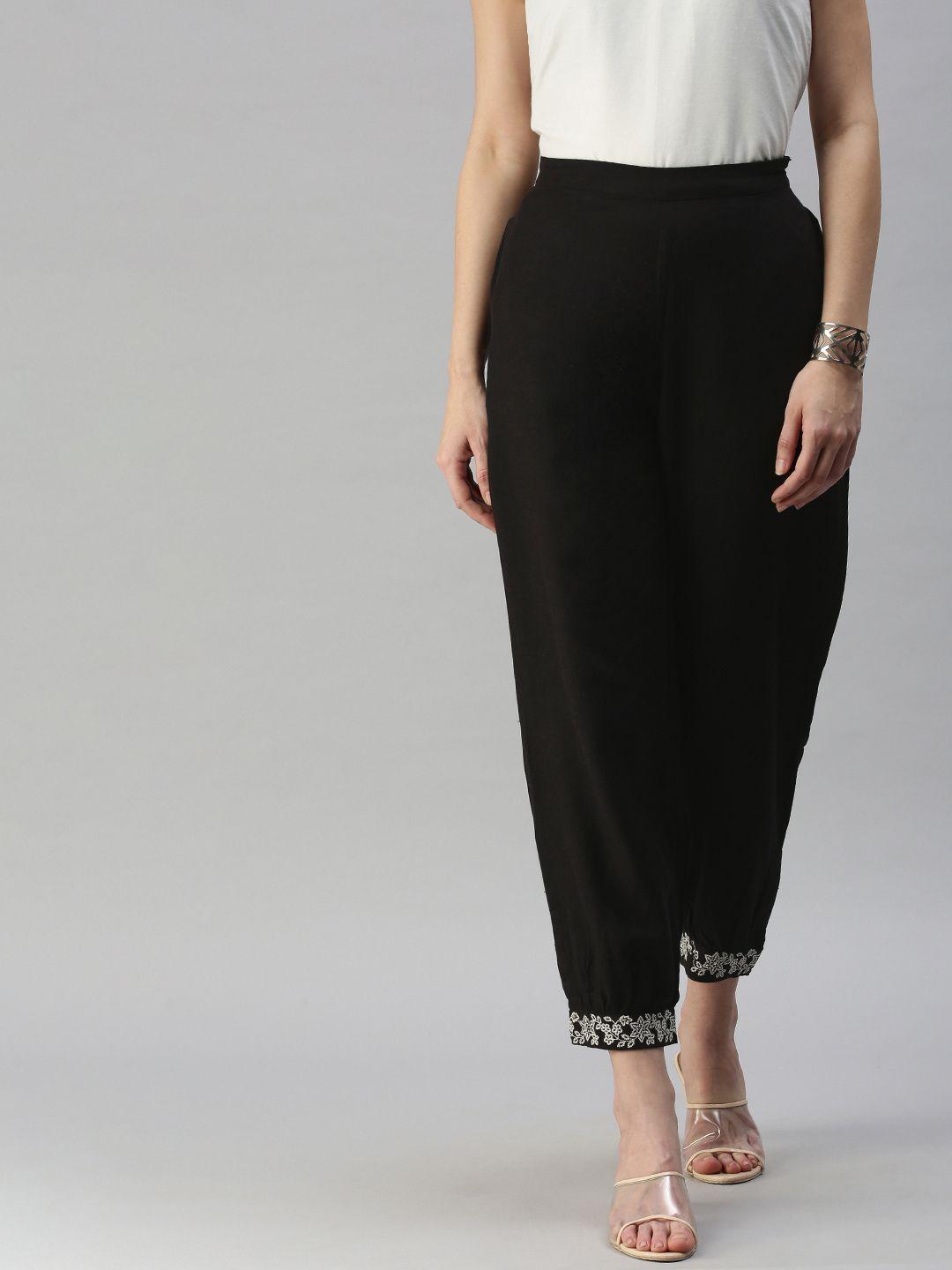 global desi women black floral embroidered tapered fit trousers