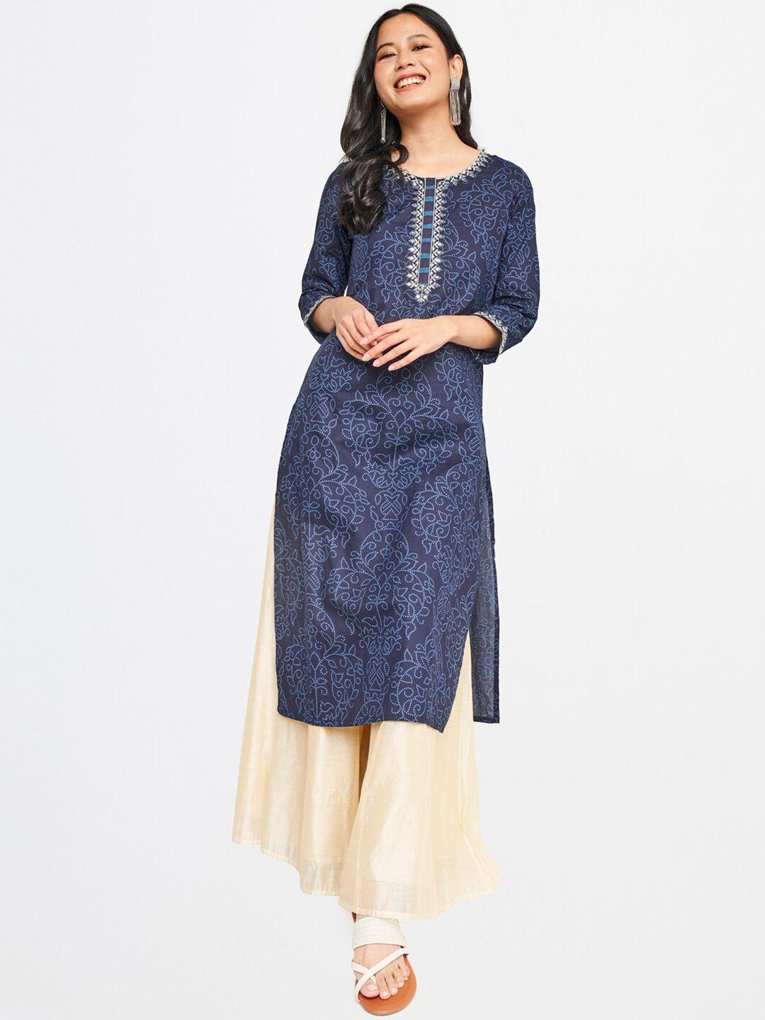 global desi women blue ethnic motifs printed straight fit cotton kurta