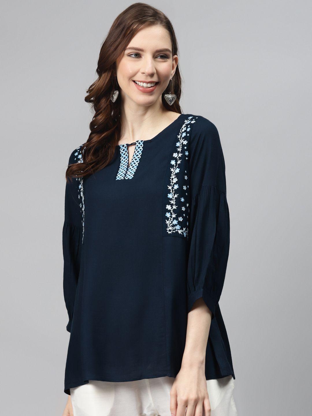 global desi women ecovero navy blue solid a-line top