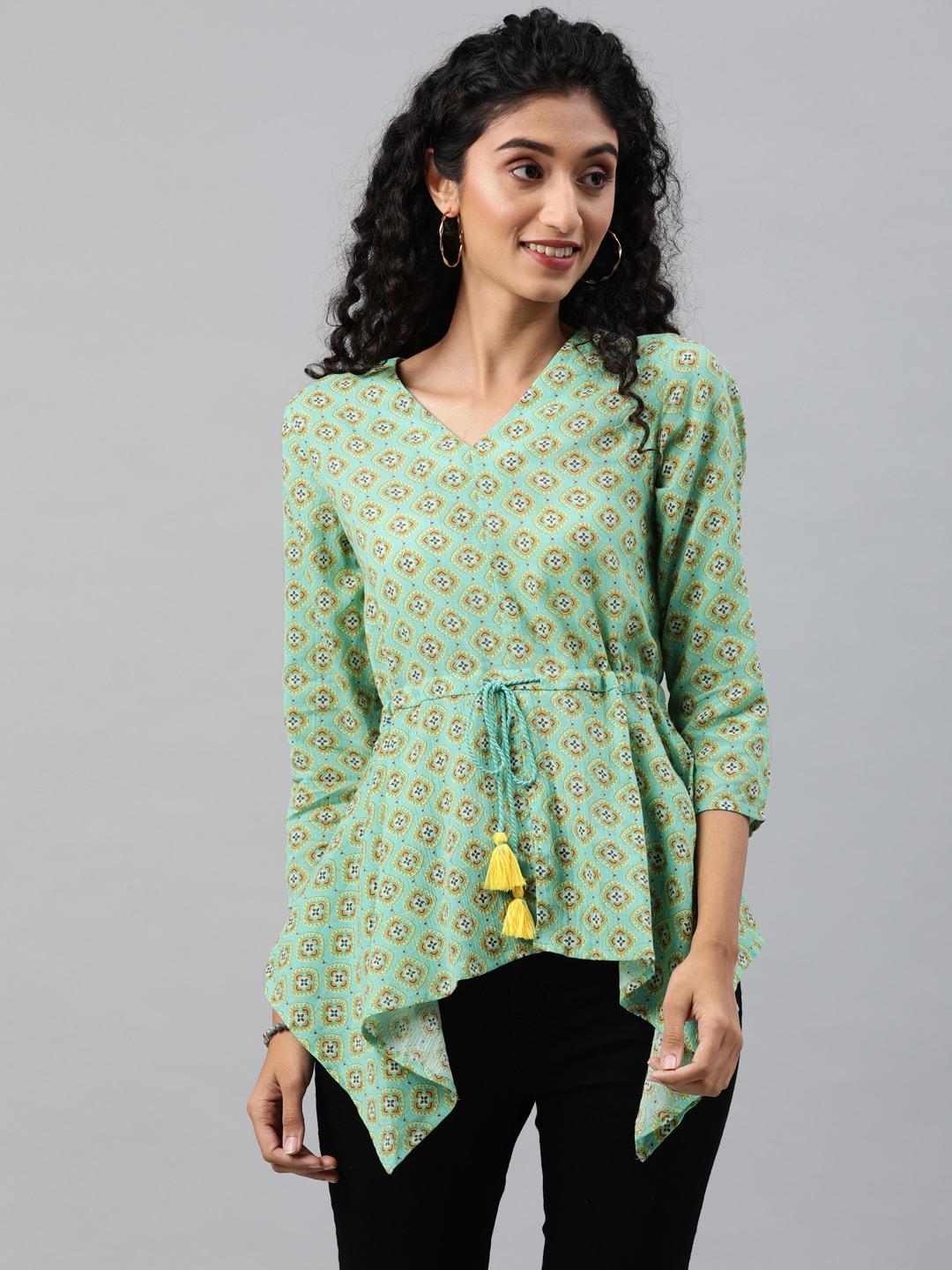 global desi women green & yellow printed a-line pure cotton top with waist tie-up detailing