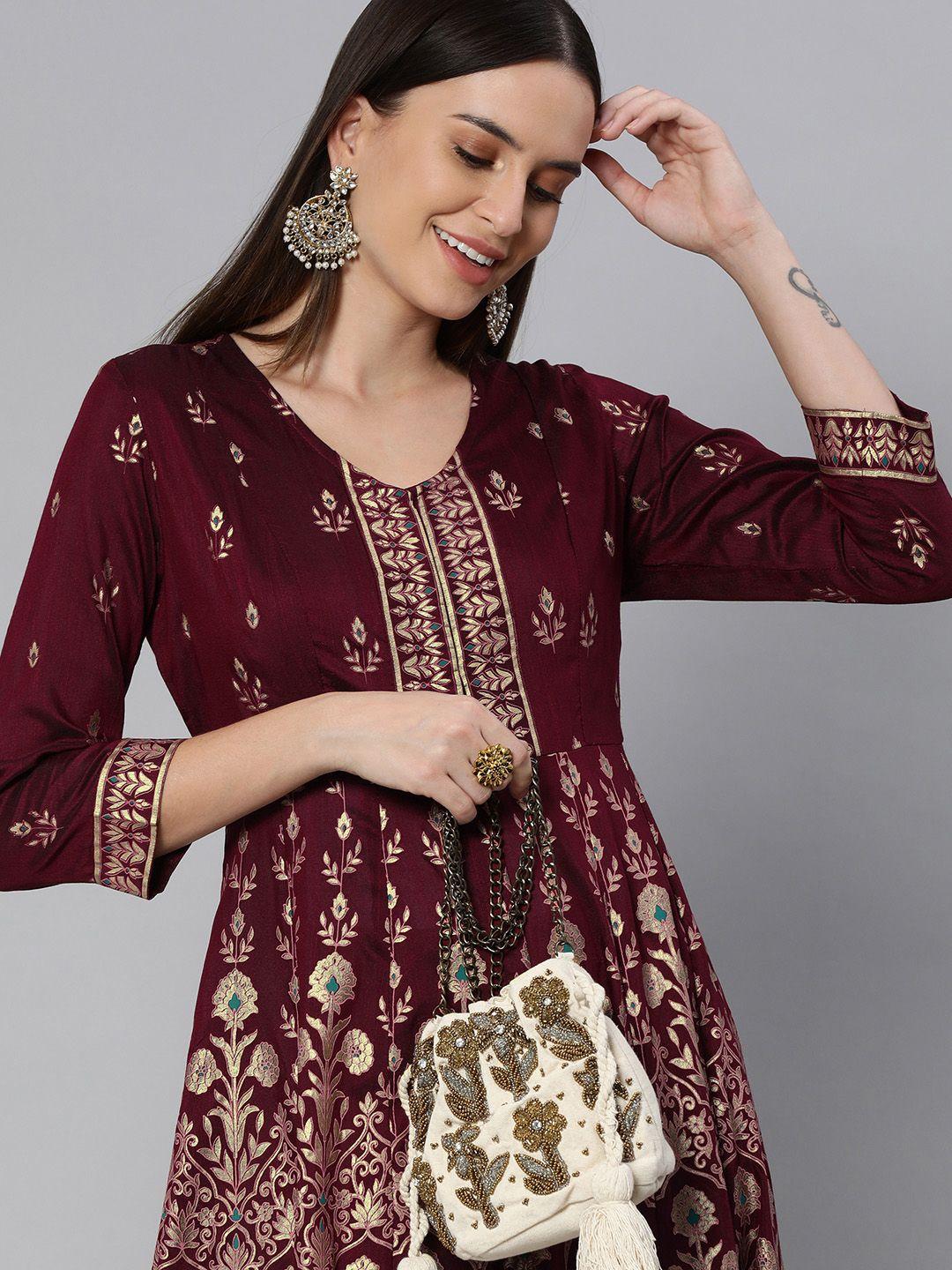 global desi women maroon & gold-coloured ethnic motifs printed anarkali kurta
