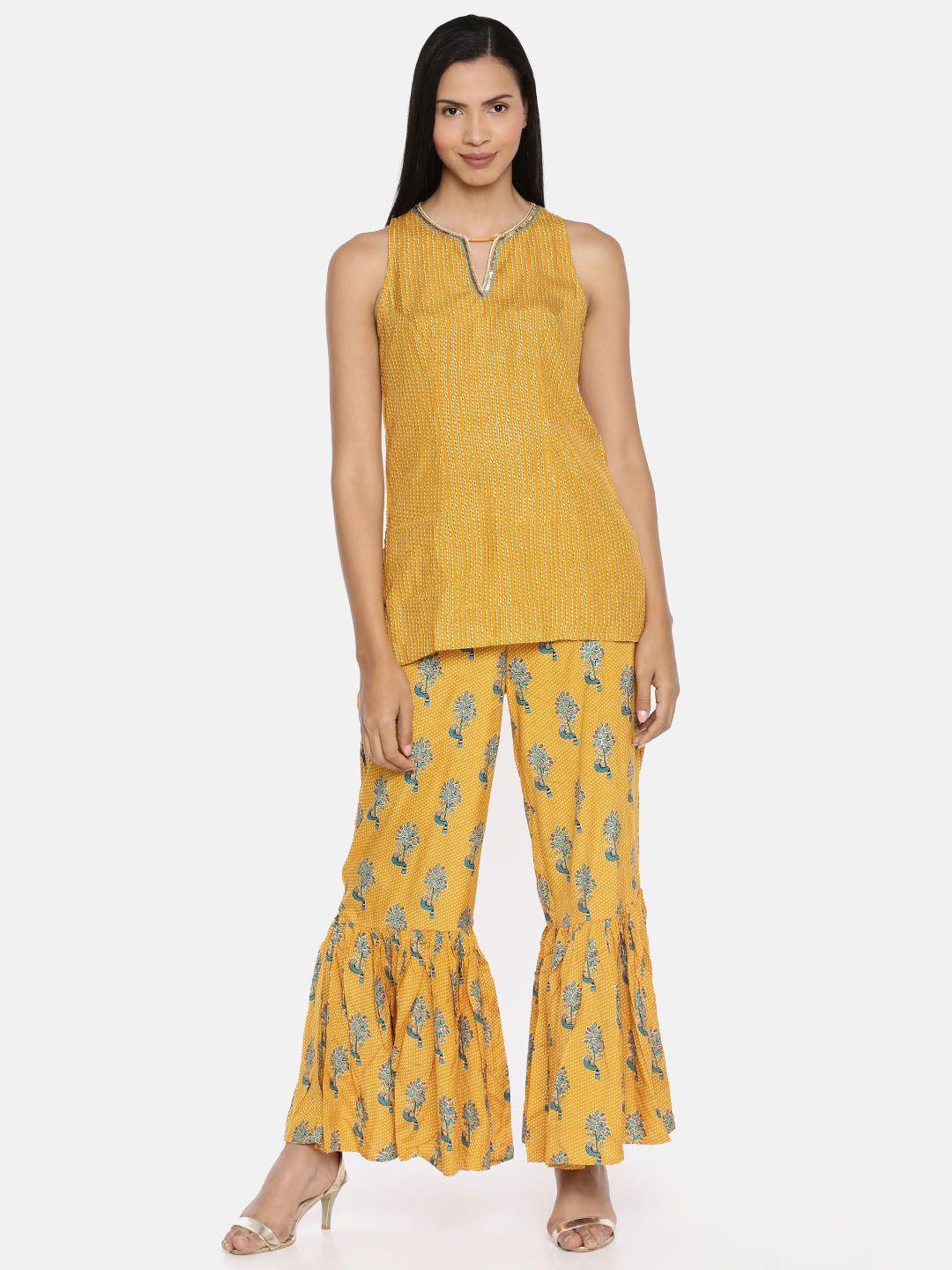 global desi women mustard yellow & turquoise blue printed top with palazzos