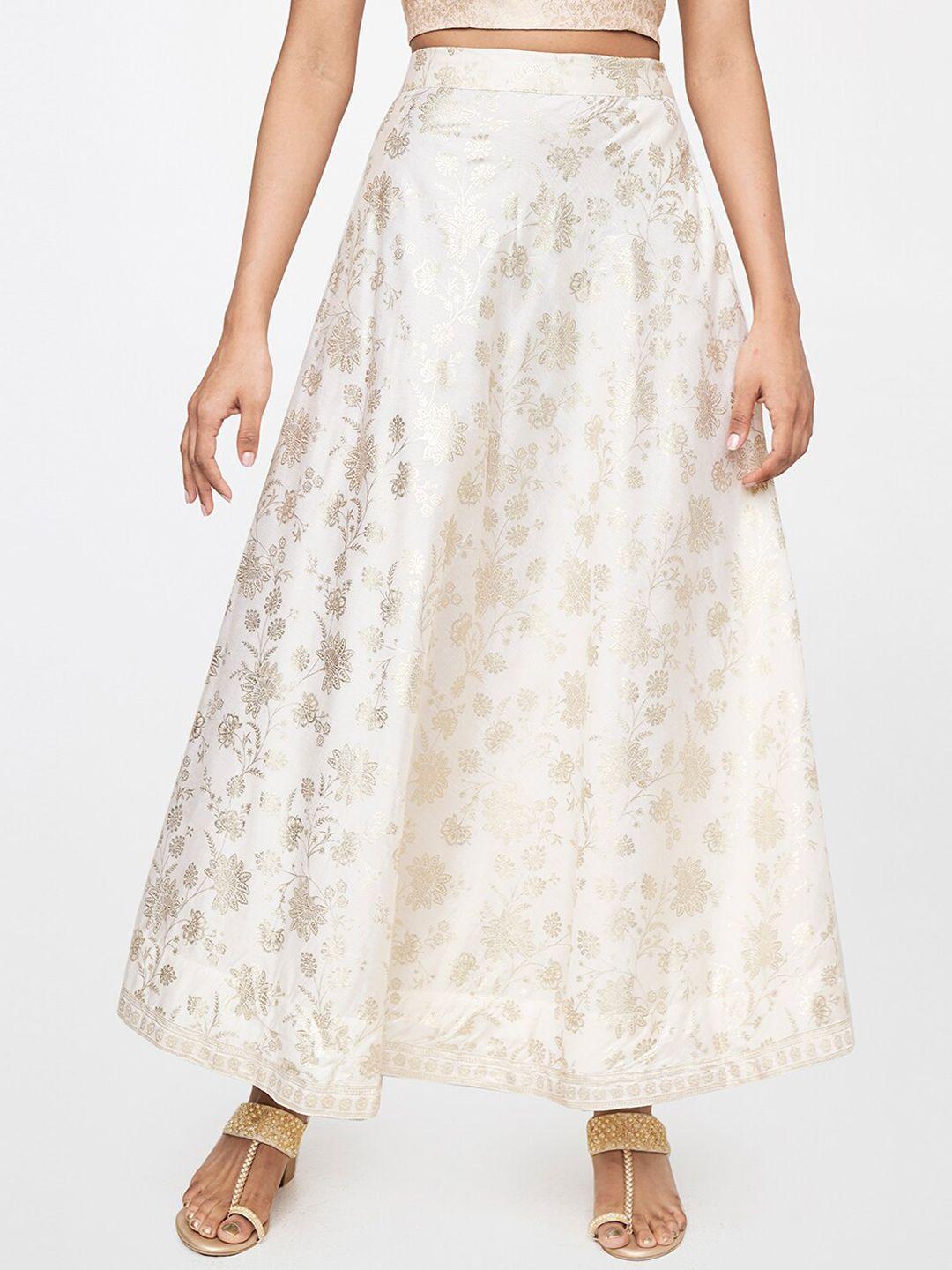 global-desi-women-off-white-gold-toned-printed-flared-maxi-skirt