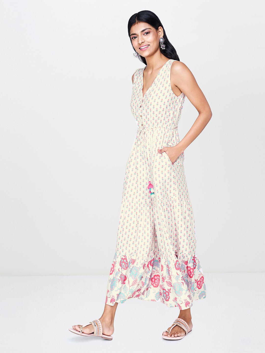 global desi women off-white & pink printed culotte jumpsuit with gathered detail