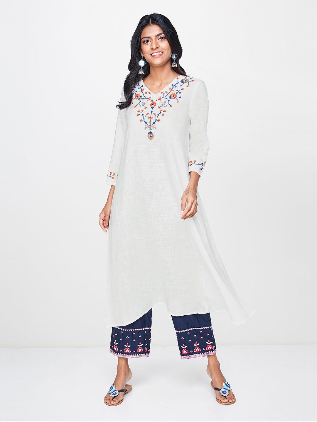 global desi women off-white solid a-line kurta with embroidered detail