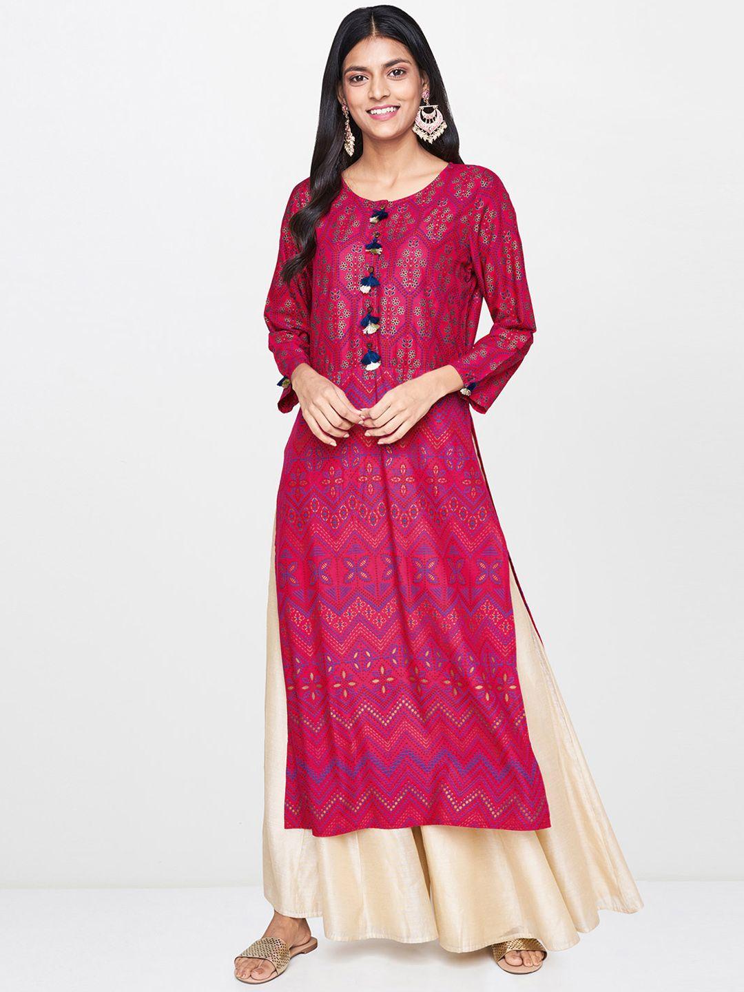 global desi women pink & blue printed straight high slight kurta