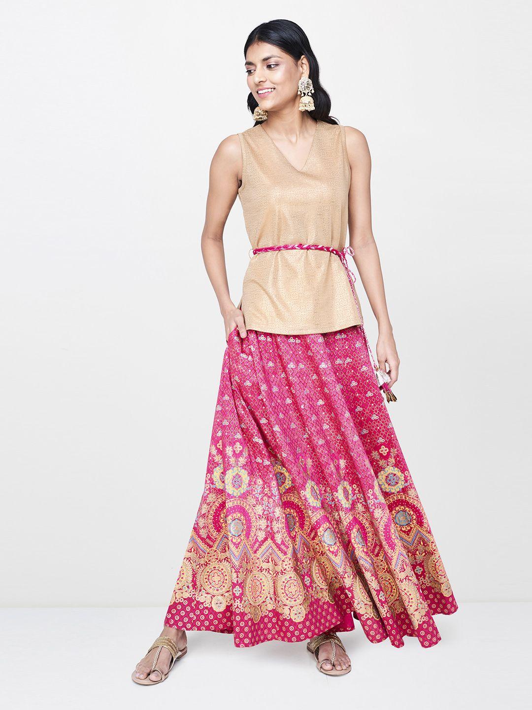 global desi women pink & gold-coloured printed top with skirt