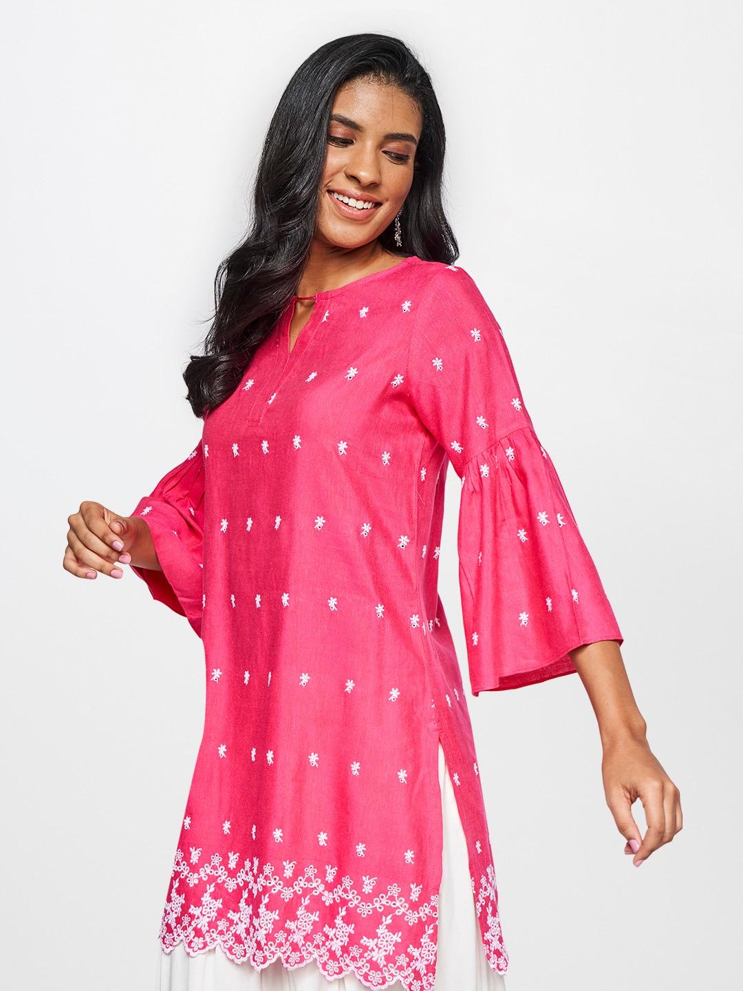 global desi women pink & white ethnic motifs embroidered tunic